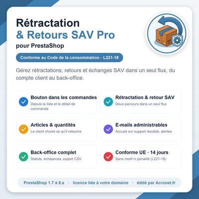 Rétractation & Retours SAV Pro pour PrestaShop - module Acronet